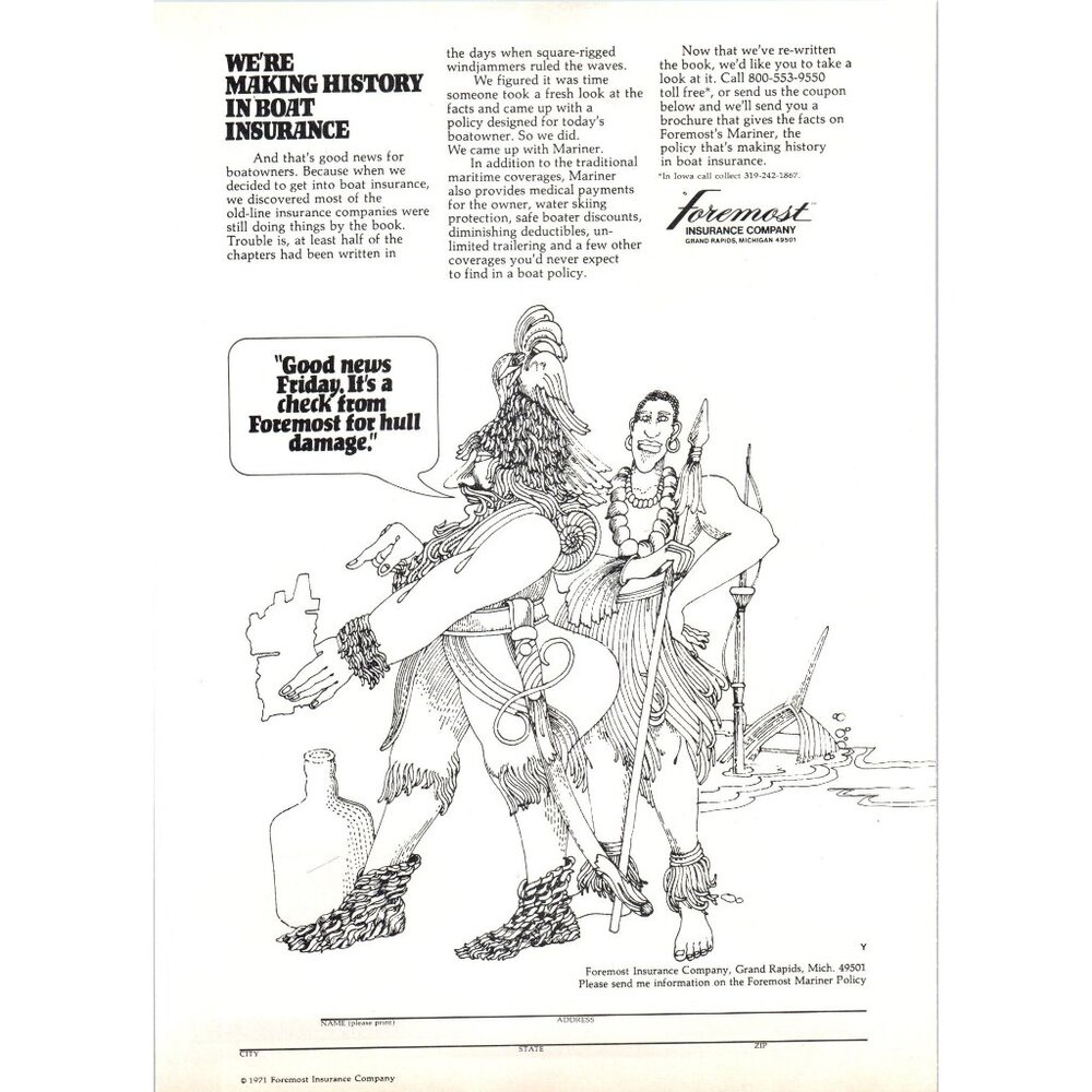 1971 Foremost Insurance Grand Rapids Vintage Print Ad Cartoon Warrior Wall Art
